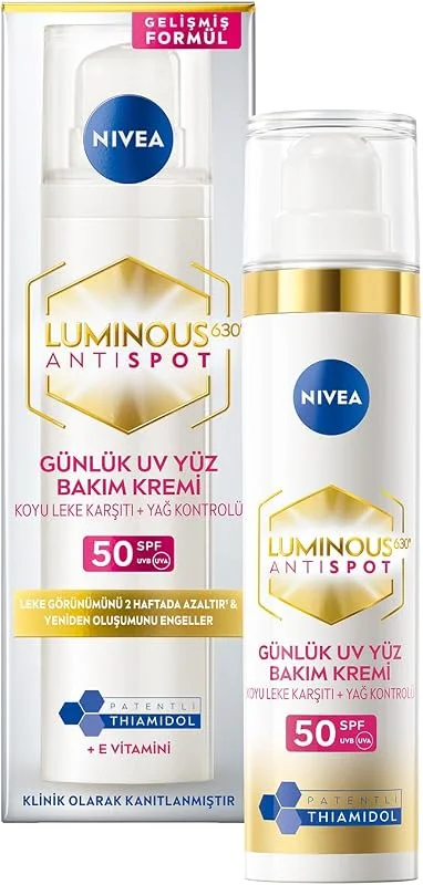 NIVEA Luminous630 Leke Karşıtı Gündüz Bakım Kremi 40ml, SPF50 Yüksek Güneş Koruyucu, Hyaluronik Asit, E vitamini, Hassas Cilt, Yüz Güneş Koruyucu, Koyu Leke, Güneş Lekesi Karşıtı — Cilt bakımı