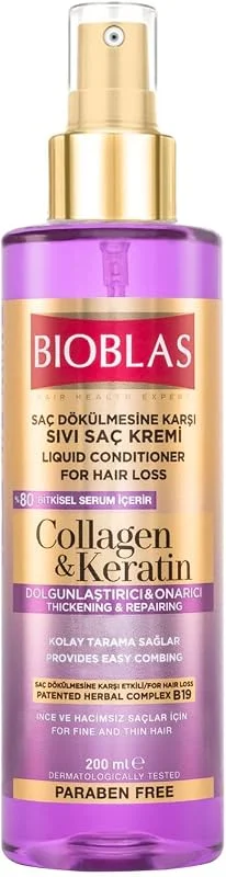 Bioblas Kolajen & Keratin Sıvı Saç Kremi – Durulanmayan, Onarıcı & Dolgunlaştırıcı Etki, Bitkisel Kompleks B19, 200 ml — Saç bakımı