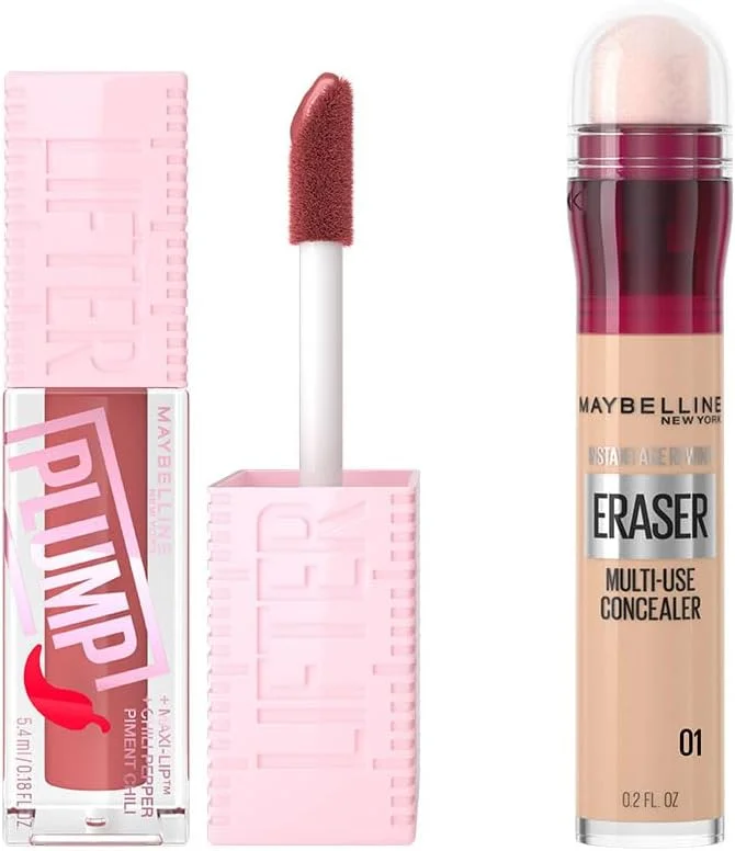 Maybelline New York Lifter Plump Dudak Parlatıcısı- 005 Peach Fever & Instant Anti Age Eraser Kapatıcı, 01 Light, 6.8 ml Makyaj Seti