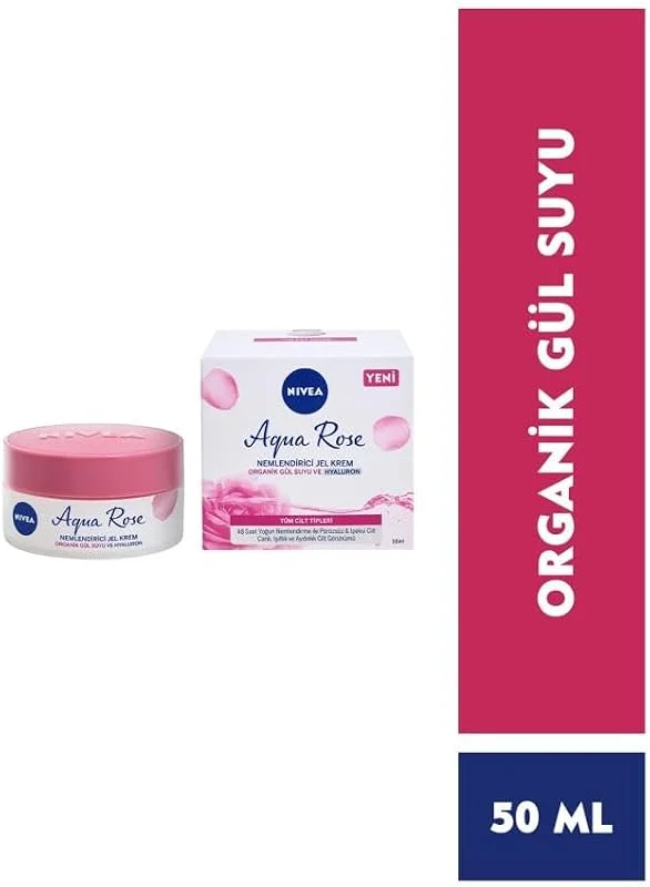 NIVEA Aqua Rose Hyaluron ve Organik Gül Suyu İçeren Nemlendirici Jel Yüz Kremi, 50 ml, 48 Saat Yoğun Nemlendirme, Tüm Cilt Tipleri için, Işıltılı, Pürüzsüz Cilt — Cilt bakımı