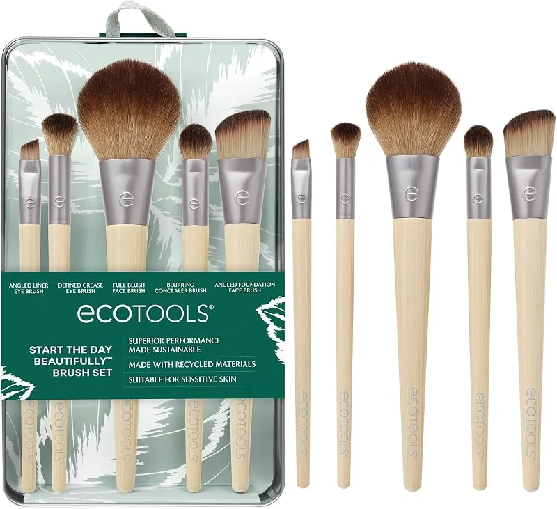 EcoTools Güne Güzel Başlayın Makyaj Fırça Seti, Göz Farı, Fondöten, Allık ve Kapatıcı İçin, Saklama Tepsisi ile, Seyahat Dostu Makyaj Fırçası Zımbaları, Çevre Dostu, Zulüm İçermez, 6 Parça Set