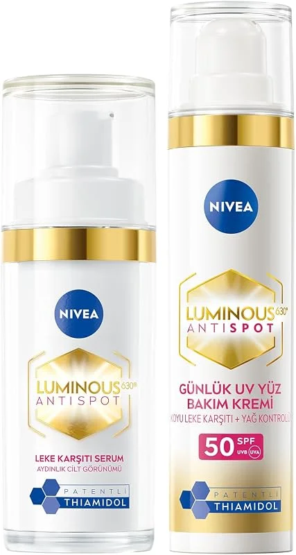 NIVEA Luminous630 Aydınlatıcı Güneş Korumalı Gündüz Yüz Kremi 40ml ve Leke Karşıtı Cilt Serumu 50ml, SPF50 — Cilt bakımı