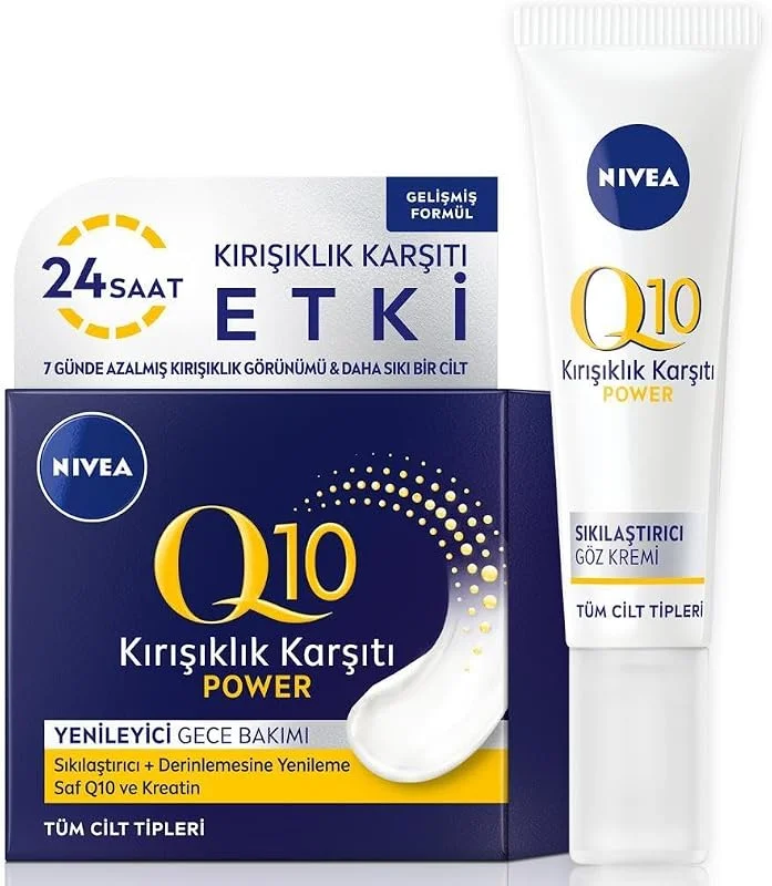 NIVEA Q10 Power Kırışık Karşıtı Sıkılaştırıcı Göz Bakım Kremi 15ml, Keratin ve Q10 Gece Yüz Kremi 50ml — Cilt bakımı