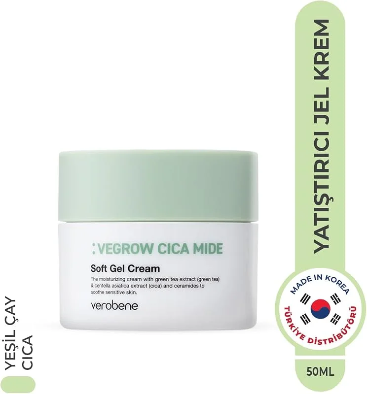 Vegrow Cica Mide Soft Gel Cream Nemlendirici Yatıştırıcı Vegan Yeşil Çay Özlü Jel Krem Kore 50ml — Cilt bakımı
