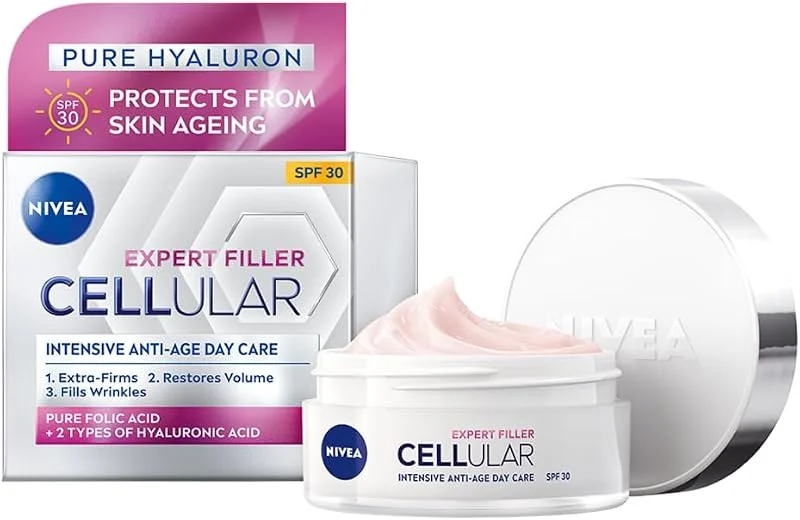 NIVEA Cellular Expert Filler Yoğun Yaşlanma Karşıtı Gündüz Bakım Yüz Kremi 50 ml, Hyaluronik Asit ve Folik Asit, SPF30 Güneş Koruması — Cilt bakımı
