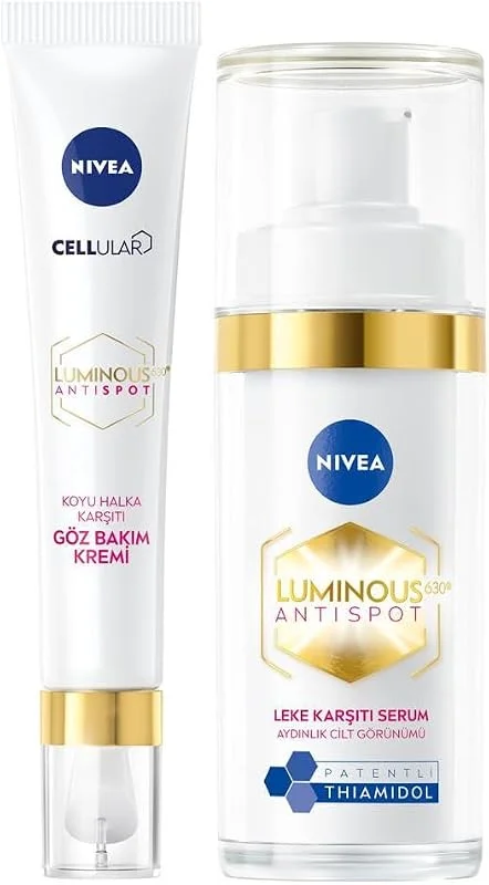 NIVEA Luminous630 Leke Karşıtı Cilt Serumu 30ml, Hyaluronik Asit, E Vitamini, Cilt Tonu Eşitleyici ve NIVEA Luminous630 Koyu Halka Karşıtı Göz Kremi 15ml — Cilt bakımı