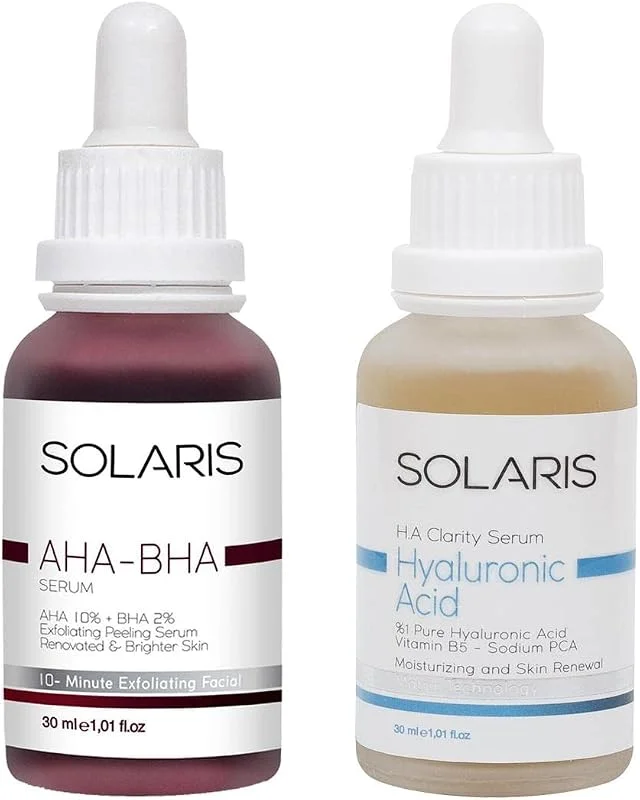 Solaris Cilt Tonu Eşitleyici Canlandırıcı Aha%10 + Bha%2 Serum 30 ml ve Hyaluronik Asit Serum Nemlendirici 30 ml — Cilt bakımı