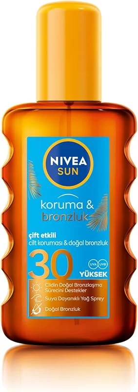NIVEA Sun SPF30 Koruma & Bronzluk Güneş Yağı Spreyi (200 ml), Doğal Pro-Melanin Özleri ile Doğal Bronzluk, Yüksek Güneş Koruması, Bronzlaştırıcı ve Güneş Koruyucu Güneş Kremi — Cilt bakımı