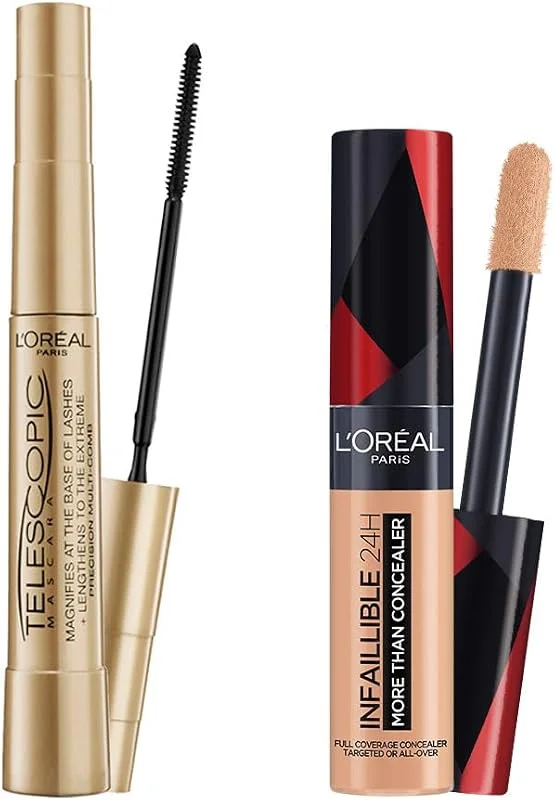 L’Oréal Paris Telescopic Maskara - Siyah & Infaillible Tüm Yüze Uygulanabilir Kapatıcı 327 Cashmere Makyaj Seti