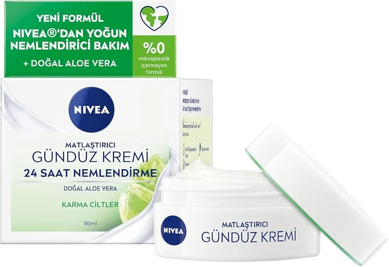 NIVEA Matlaştırıcı Gündüz Yüz Bakım Kremi 50 ml, 24 Saat Yoğun Nemlendirici, SPF15, Aloe Vera, Karma Ciltler — Cilt bakımı