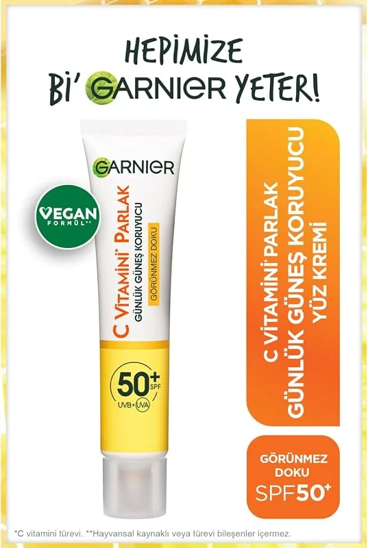 Garnier C Vitamini Parlak Günlük Güneş Koruyucu Fluid Yüz Kremi Görünmez Doku SPF50, 40 ml — Cilt bakımı