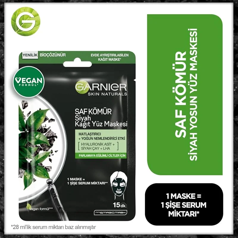 Garnier Skin Naturals Kömürlü Kağıt Yüz Maskesi Siyah Çay — Cilt bakımı