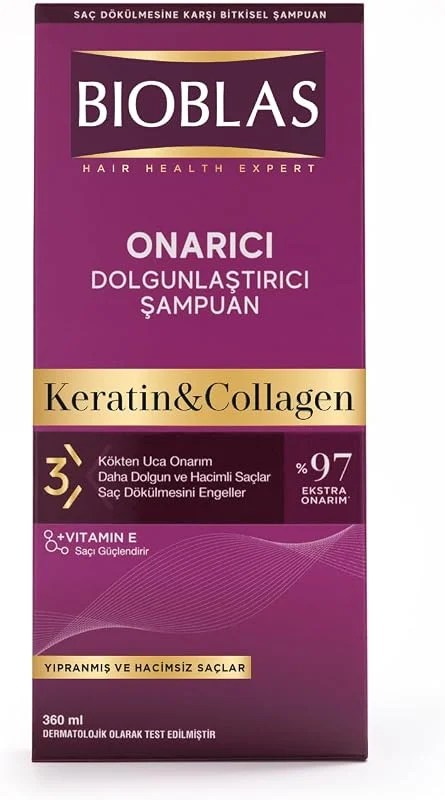 Bioblas Kolajen & Keratin Şampuan – Saç Dökülmesine Karşı, Onarıcı ve Dolgunlaştırıcı Etki, Bitkisel Kompleks B19, 360 ml — Saç bakımı